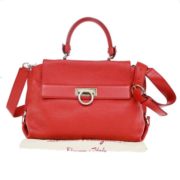 SALVATORE FERRAGAMO Gancini 2Way Shoulder Hand Bag Leather Red SHW 34KB417 - Picture 1 of 16